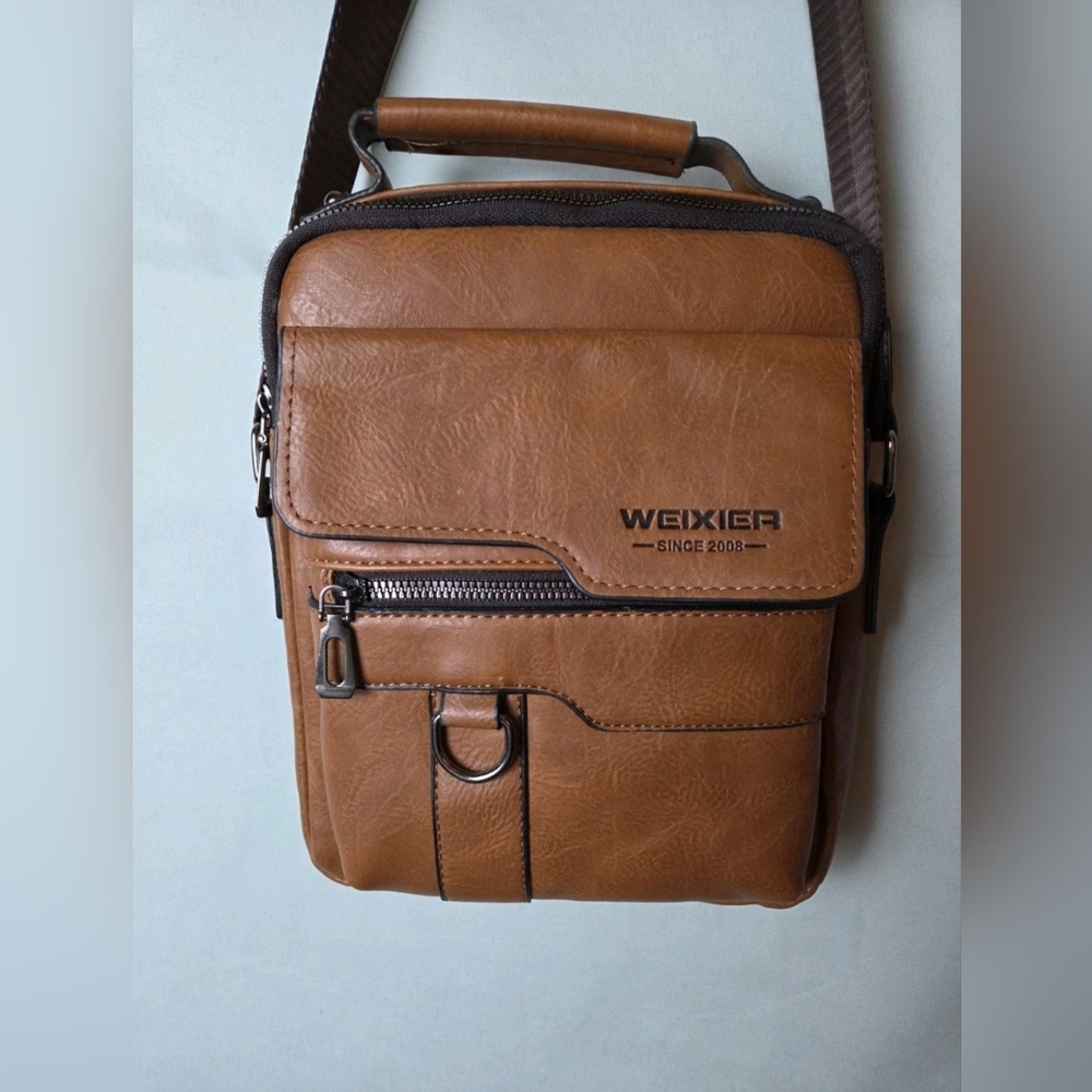Weixer Crossbody Unisex  Shoulder Bag Brown Leather Vertical Hand Business